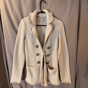 Chico's Women's Beige Button Jacket Fringe Pockets Lightweight Size 00